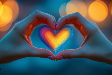 Fototapeta premium Minimalist couple's hands forming a heart shape with their fingers, soft pastel gradient. Bright lighting, contrast with copy space for text