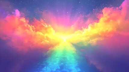 Fototapeta premium Vibrant Rainbow Sky Cloudscape Digital Art Fantasy Background Peaceful Serene Colorful Heavenly Hopeful Dreamy Magical Artistic Illustration Design Image way 