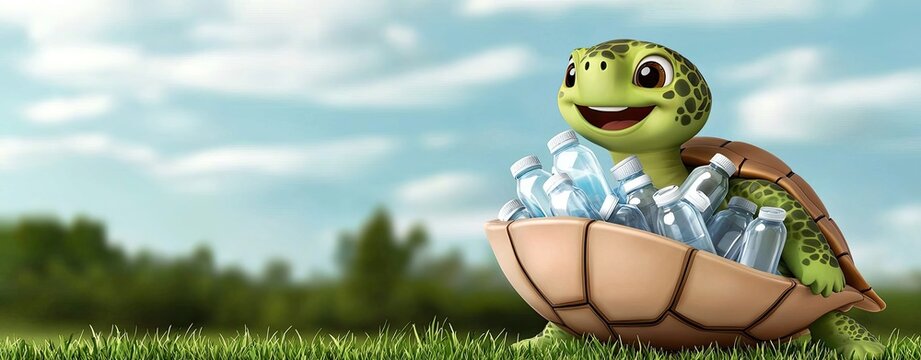 a cute turtle carrying a pile of clean plastic bottles on its shell, smiling as it heads to a cartoon recycling center