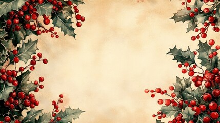Fototapeta premium Watercolor holly berry border on vintage paper background.