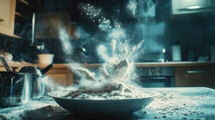 An unexpected explosion in a kitchen while preparing food.