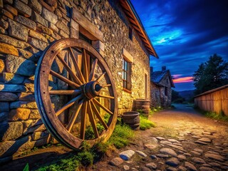Obraz premium Old Wooden Wheel, Stone House Wall, Night Photography, AI Art, Atmospheric Landscape, Vintage Charm