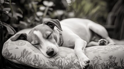 A charming dog enjoying a peaceful rest on a soft cushion, indoors. The image captures the simple joy of a pet's life in a comfortable home environment.