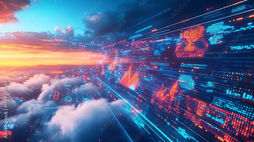 Poster futuristic aerial view of data streams above clouds during a vibrant sunset with digital elements bl