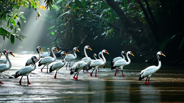 Flock of cranes foraging in a tranquil river surrounded by lush tropical vegetation, Flock of crane birds feed in river in tropical climate natural environment