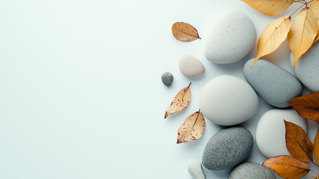 Clean white background featuring nature elements like stones and leaves high quality ultra clear 