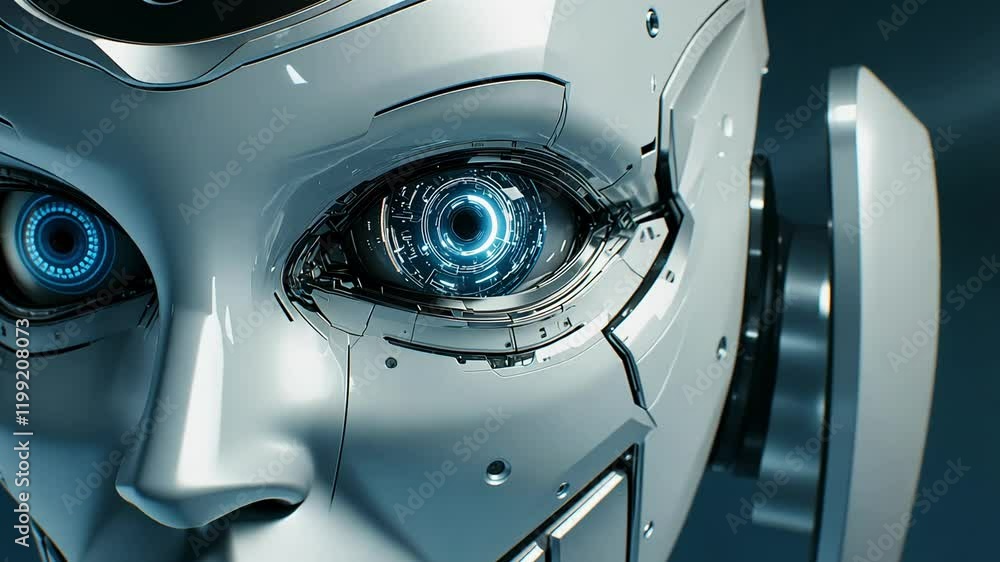 Poster exploring intricate details of a futuristic robotic eye design with advanced technology features. ge