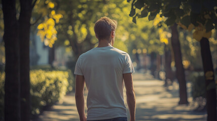 Obraz premium Man walking on autumn path from behind. Great for life journey, personal development, or mindful living content.