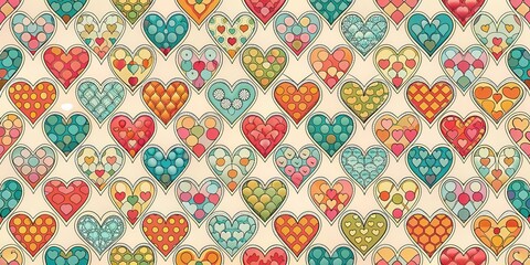 Obraz premium Vibrant heart-shaped tiles creating a seamless pattern on a cream-colored background