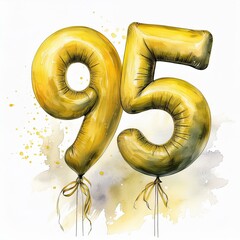 Yellow birthday / anniversary party balloon, number 95, watercolor painting with white background