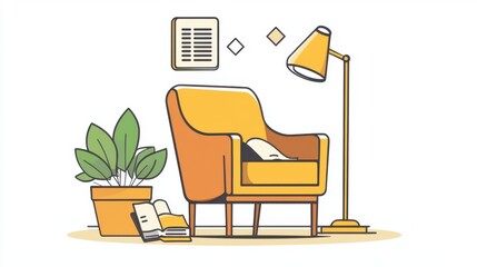 Bright living space featuring a green armchair, potted plant, and framed artwork, perfect for modern home decor.
