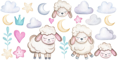 Watercolor illustration of cute sheep, stars, clouds