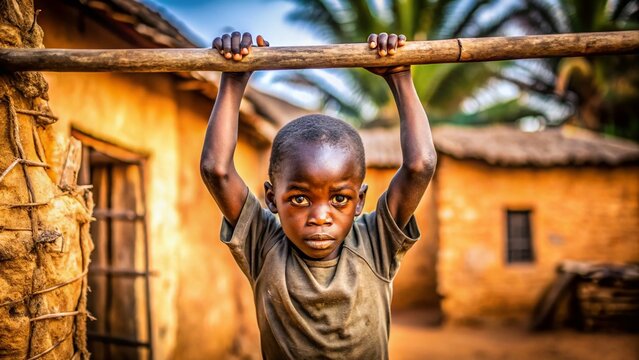 Poverty-Stricken Child on Horizontal Bar, Bubaque, Guinea-Bissau