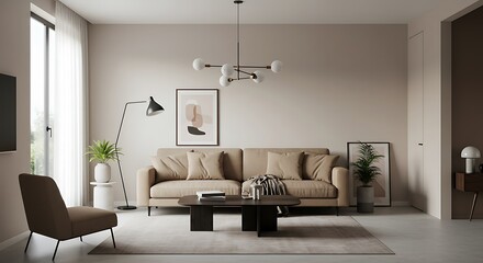 Modern living room interior and indoor plants in Pantone color of the year 2025 Mocha Mousse