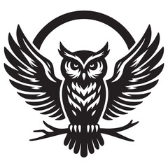 Black and White Owl Drawing with Spread Wings and Full Moon with Stars Illustration