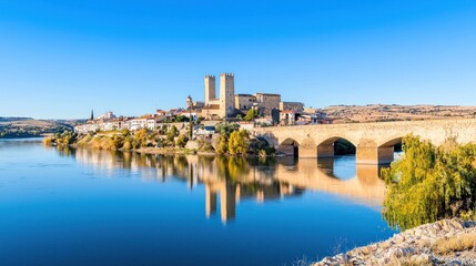 Fototapeta premium Scenic view of a historic castle and bridge by a river.