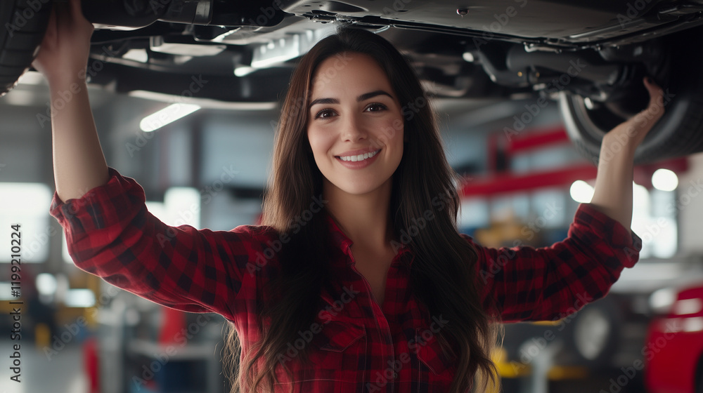 Poster a dynamic shot of a female mechanic gesturing towards the underside of a lifted car, smiling and exp