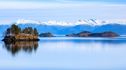 Serene lake surrounded by snow-capped mountains and lush islands.