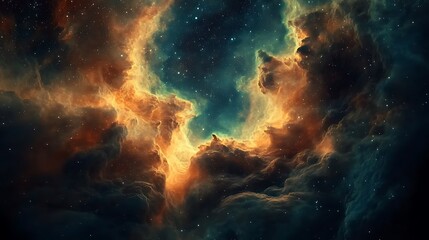 Fototapeta premium Nebula showcasing vibrant orange teal hues with Stars twinkle amidst the cosmic clouds.