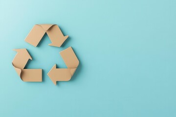 A paper recycling symbol made of cardboard arrows on a light blue background, representing sustainability and environmental consciousness.