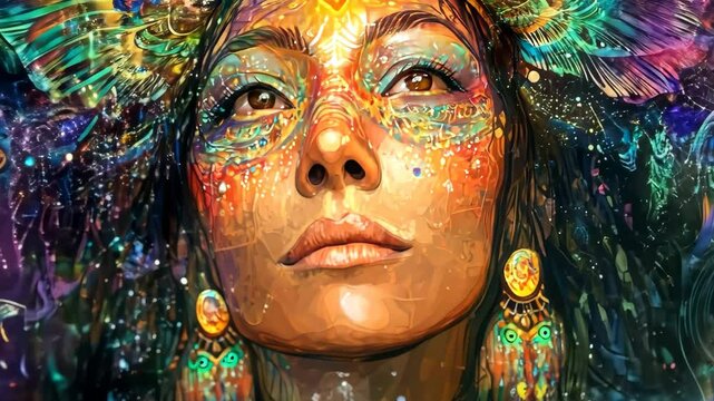 Earth goddess shaman vision exploring ayahuasca hallucinations in a cosmic realm of colors and symbols, Earth goddess shaman ayahuasca hallucination, ai generated