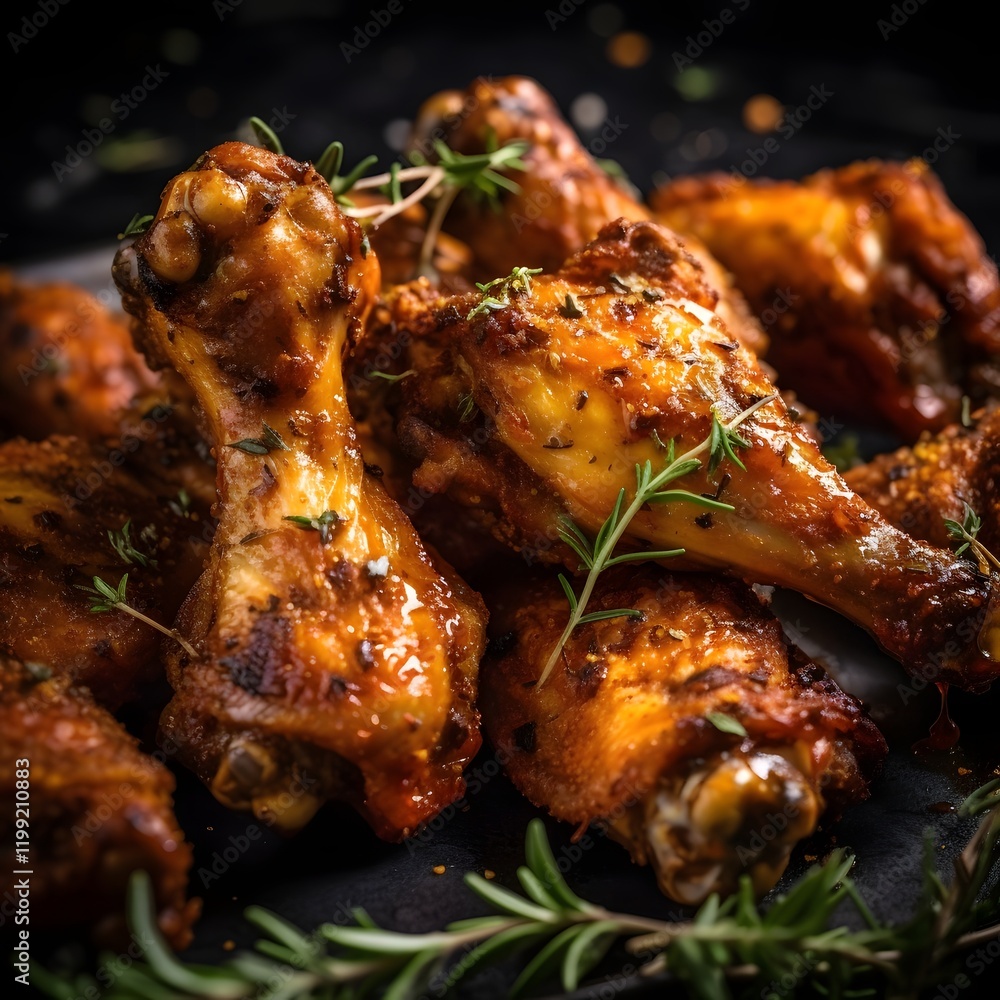 Poster closeup view of perfectly fried chicken wings sprinkled with a mix of fragrant herbs creating an app
