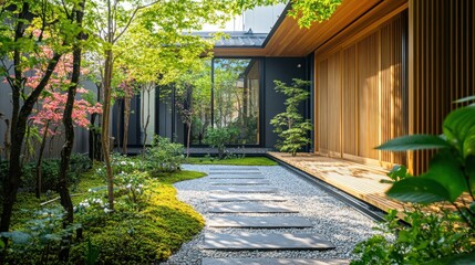 Obraz premium Serene Japanese garden path with lush green foliage, wooden fence, and sunlight filtering through. Perfect for peaceful, nature-themed visuals. 