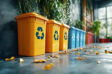 Fototapeta premium Colorful recycling bins line a wall, surrounded by plants and fallen leaves, promoting environmental awareness and sustainability.