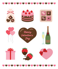 A set of illustrations for the anniversary of 'Valentine's Day', the day when lovers give each other chocolates. Chocolate gifts, cakes, balloons, champagne, wine, and strawberries.