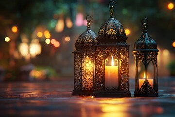 Fototapeta premium Traditional lanterns with candles, emitting a warm glow against the night sky.
