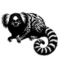 black and cartoon of a marmoset, black and white illustration of a marmoset (Callithrix jacchus)