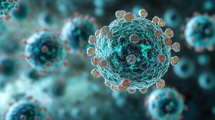 Close-up view of virus particles in a microscopic environment, showcasing intricate details and colors