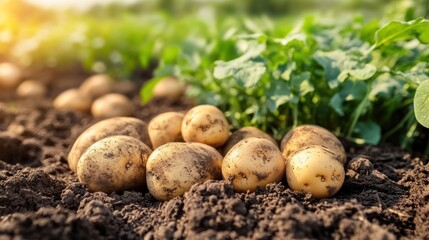 Freshly harvested potatoes on dark soil at a field with green plants on background