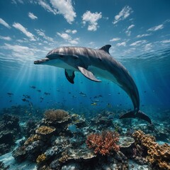 A dolphin in a surreal ocean landscape with crystal-shaped corals.