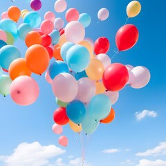 Obraz premium Vibrant Colorful Balloons Floating Freely Against a Bright Blue Sky in a Scenic Tranquil Outdoor Landscape