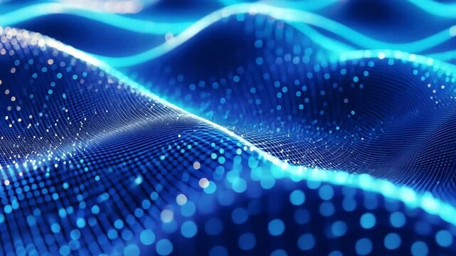 Abstract Blue Digital Wave: A mesmerizing abstract digital landscape unfolds, a sea of glowing blue particles forming undulating waves, creating a sense of depth and movement.