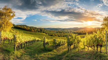 Naklejka premium A panoramic view of a vineyard during harvest season, Vineyard scene, Winemaking tradition style