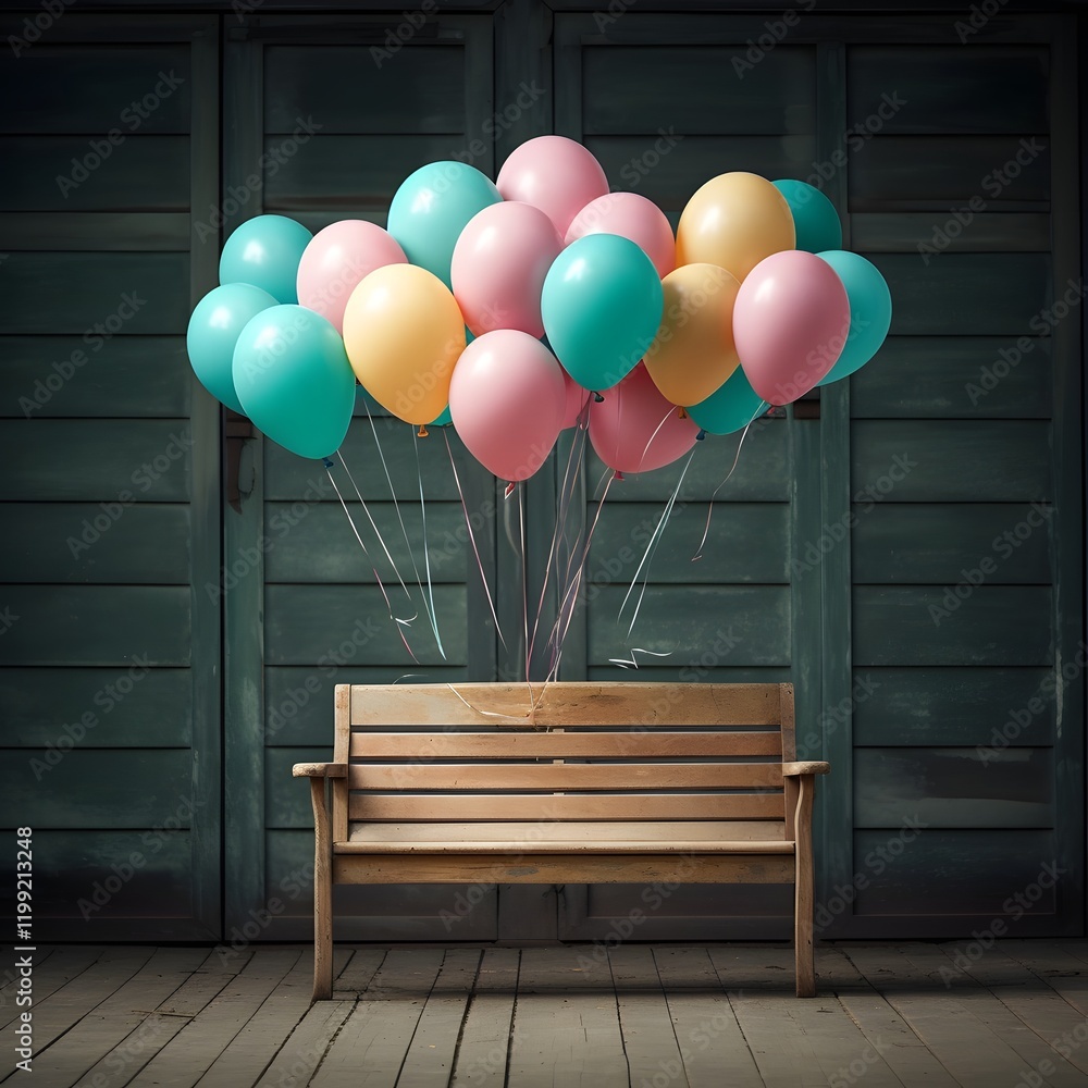 Poster a cluster of colorful helium balloons softly tethered to a simple wooden bench creating a serene and