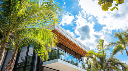 Fototapeta premium Beautiful modern luxury villa in tropical resort with palm trees on sunny day