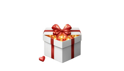 Obraz premium A heart-shaped gift box bursting open with glowing stars and kindness tokens, symbolizing joy and giving, on a white transparent background PNG.