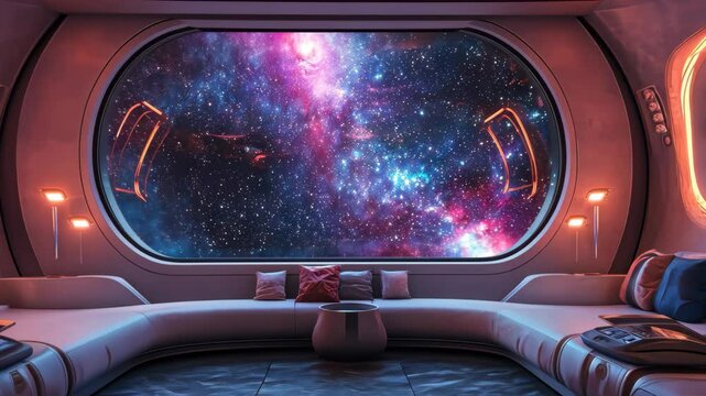 Futuristic space lounge with stunning panoramic view of the cosmos at twilight, Futuristic space lounge with expansive window view of galaxy and modern interior Sci fi concept