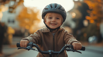 Obraz premium A little happy boy in a protective helmet rides a bicycle along a residential street in the city on a sunny day