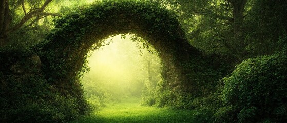 Fototapeta premium A springtime archway covered with vines in a fairy tale forest. Made with generative AI