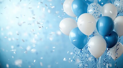 Celebratory event with blue and white balloons festive atmosphere decorative setup indoor celebration aesthetic design concept