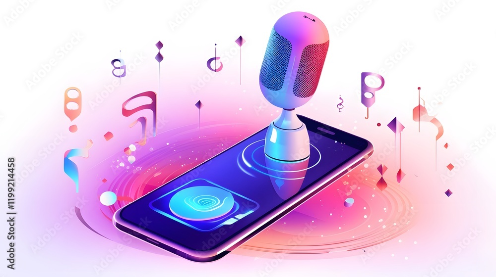 Poster of digital assistant voice recognition and smart microphone technology icons on a white background s