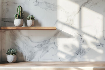 Office interior backdrop for online meetings. Light home office setting bookshelves background with succulent plants. Minimalist online workspace aesthetics. Room design with window shadow drop.