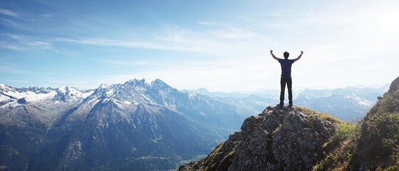 A triumphant man on a mountain top with an alpine view, symbolizing achievement. Made with generative AI
