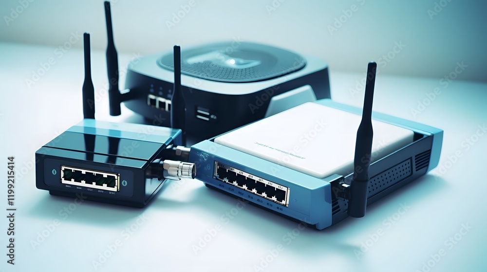 Poster minimalist icons representing network cable ethernet port and wi fi router devices on a clean white 