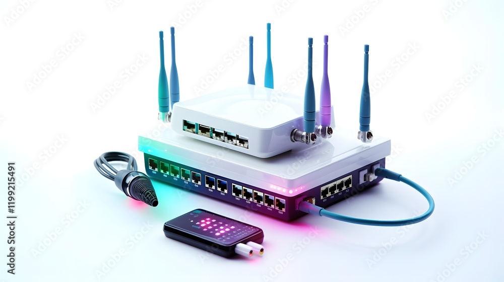 Poster of network connectivity icons including ethernet cable port and wi fi router on white background rep