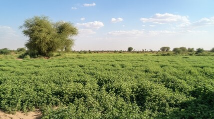 Obraz premium Lush green field stretches to horizon under bright blue sky with scattered clouds